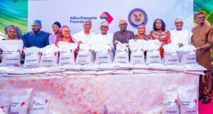 From left: Commissioner for Agriculture, Ms. Abisola Olusanya; Head of Service, Mr. Olabode Agoro; board member, Aliko Dangote Foundation, Mrs. Hajara Abiodun; Secretary to the State Government, Barr. Bimbola Salu-Hundeyin; member of the State House of Assembly, Hon. Olotu Emmanuel; Chairman of Dangote Group, Alhaji Aliko Dangote; Governor of Lagos State, Mr. Babajide Sanwo-Olu; Group Executive Director, Commercial Operations, Dangote Industries, Fatimah Aliko Dangote; Managing Director/CEO, Aliko Dangote Foundation, Zouera Youssoufou; Nigerian Businessman, Mr. Femi Otedola and the Chief of Staff to the Governor, Mr. Tayo Ayinde, during the flag-off of distribution of bags of rice to vulnerable households in Lagos, held at the Lagos House, Ikeja, on Wednesday, 27 March 2024.