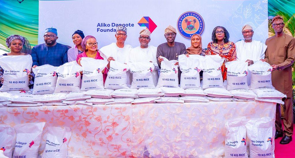 From left: Commissioner for Agriculture, Ms. Abisola Olusanya; Head of Service, Mr. Olabode Agoro; board member, Aliko Dangote Foundation, Mrs. Hajara Abiodun; Secretary to the State Government, Barr. Bimbola Salu-Hundeyin; member of the State House of Assembly, Hon. Olotu Emmanuel; Chairman of Dangote Group, Alhaji Aliko Dangote; Governor of Lagos State, Mr. Babajide Sanwo-Olu; Group Executive Director, Commercial Operations, Dangote Industries, Fatimah Aliko Dangote; Managing Director/CEO, Aliko Dangote Foundation, Zouera Youssoufou; Nigerian Businessman, Mr. Femi Otedola and the Chief of Staff to the Governor, Mr. Tayo Ayinde, during the flag-off of distribution of bags of rice to vulnerable households in Lagos, held at the Lagos House, Ikeja, on Wednesday, 27 March 2024.