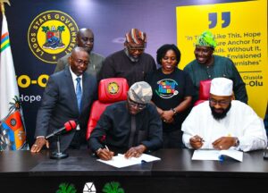 Governor of Lagos State, Mr. Babajide Sanwo-Olu and his Niger State counterpart, Governor Mohammed Bago signing a MoU on Agriculture at the Lagos House, Marina, on Wednesday, 06 March 2024. With them from left: Lagos Commissioners, Mr. Lawal Pedro, SAN (Attorney General & Justice); Hon. Olanrewaju Layode (Home Affairs); Mr. Ope George (Economic Planning & Budget); Ms. Abisola Olusanya (Agriculture), and Dr. Rotimi Fashola (Special Adviser, Agriculture)