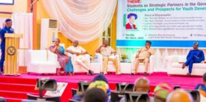 Governor of Lagos State, Mr. Babajide Sanwo-Olu; former Majority Leader, Lagos State House of Assembly, Hon. Sanai Agunbiade; Chairman, Igbogbo-Baiyeku LCDA, Builder Olusesan Daini; Ex-Students Union President, LASU, Mr. Lukman Amolegbe; Special Adviser to the Governor on Housing, Barr. Barakat Odunnuga-Bakare and Chairman, NANS Lagos, Comrade Alimi Lekan Idris during a One-Day interactive session between the Governor and Student Union Leaders/Stakeholders in the State, at the Adeyemi Bero Auditorium, Alausa, Ikeja, on Tuesday, 05 March 2024.