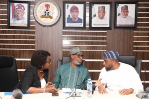 L-R: Permanent Secretary, Ministry of Solid Minerals Development, Dr. Mary Ogbe, Minister of Solid Minerals Development, Dr. Dele Alake and Chairman, House Committee on Solid Minerals Development, Mr. Gaza Gbefwi, during a visit by lawmakers, House Committee on Solid Minerals Development to support in repositioning the mining sector on changing the economic fortunes of Nigeria at the Ministry of Solid Minerals Development in Abuja on March 19, 2024.
