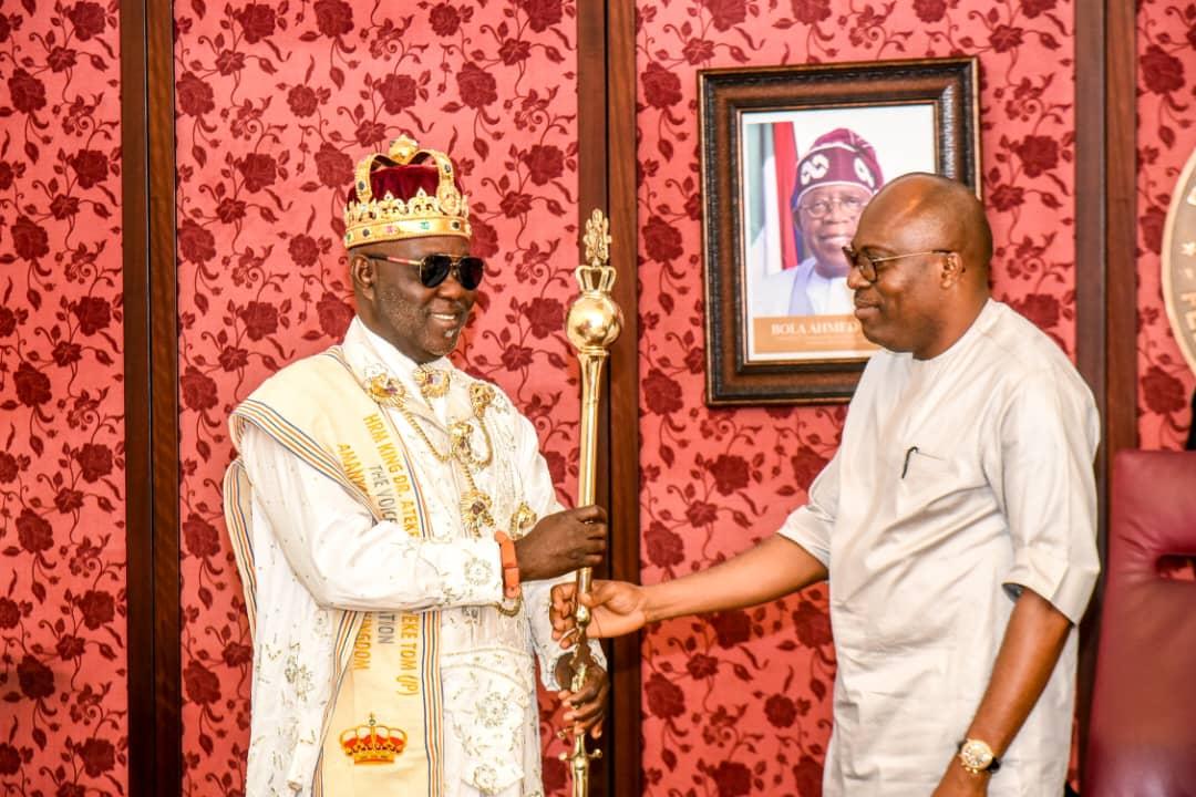 Rivers State Governor, Sir Siminalayi Fubara (right); presenting Staff of Office as First Class Traditional Ruler to the Amanyanabo of Okochiri Kingdom, King Ateke Michael Tom (left); during a ceremony at Government House in Port Harcourt on Tuesday, March 26.