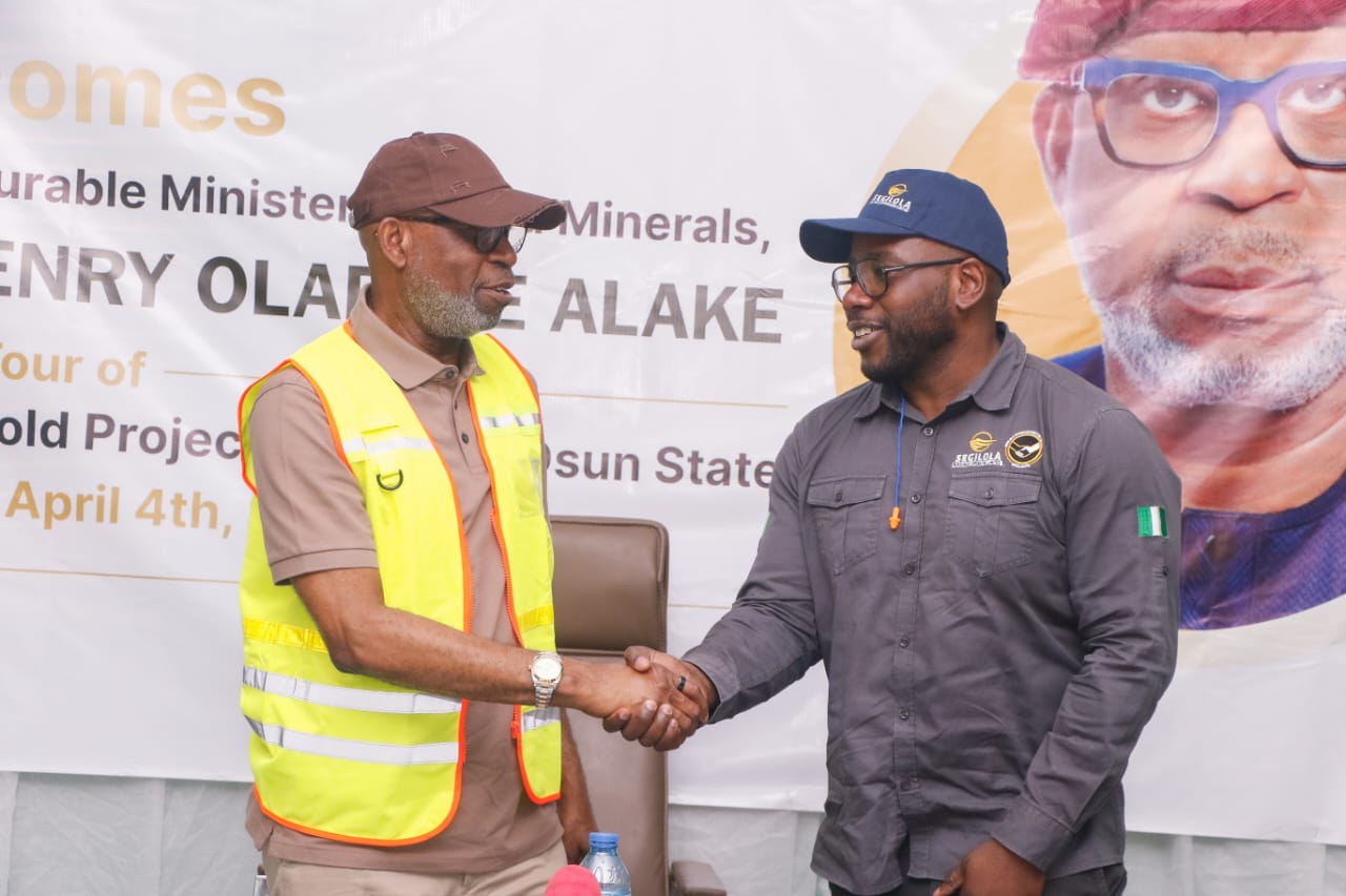 Minister of Solid Minerals Development, Dr. Dele Alake, (left) and MD/CEO, Segilola Resources Operating Limited, Mr Segun Lawson during the Honorable Minster of Solid Minerials Development, Dr. Dele Alake on site tour of Segilola Gold project in Osun State, on April 4, 2024