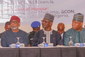 L-R: Minister of Solid Minerals Development, Dr. Dele Alake, Governor of Nasarawa State, Abdullahi A. Sule and Minister of Steel Development, Prince Shuaibu Abubakar Audu during a roundtable summit on sustainable development of Mining Industry in Nigeria organized by National Institute for Policy and Strategic Studies (NIPSS) in collaboration with Bruit Costaud held in Abuja on April 29, 2024.