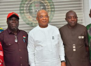 Imo State Governor, Senator Hope Uzodimma (middle) flanked by the Special Adviser to the Governor on Labour, Comrade Austin Chilakpu (right) and the State Labour Congress Chairman, Comrade Uche Chigemezu Nwigwe after their meeting with the Governor at his office in Government House Owerri... Monday