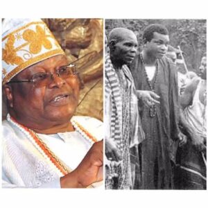 Oba Sikiru Adetona as he looks now (left) and he (wearing a black robe) during the installation ceremonies 60 years ago.