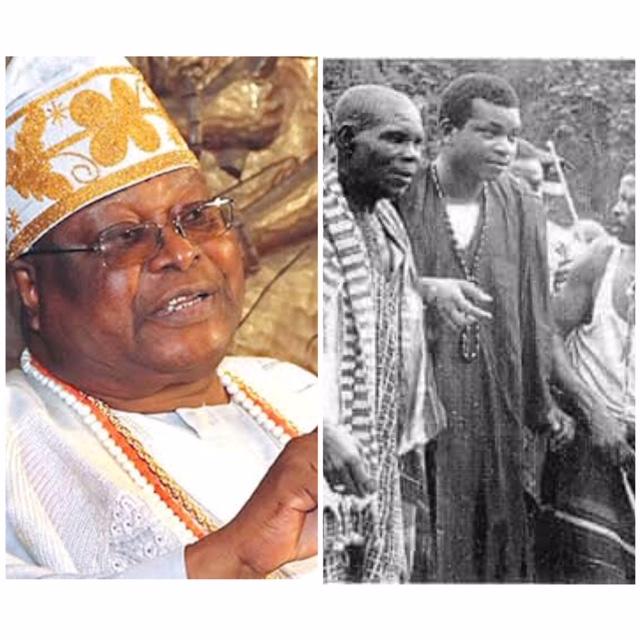 Oba Sikiru Adetona as he looks now (left) and he (wearing a black robe) during the installation ceremonies 60 years ago.