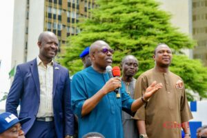 Governor Fubara addressing workers at Government House gate on Wednesday