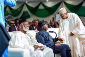 L-R: Former Head of State, Gen. Abdulsalami Abubakar; former President Goodluck Jonathan; and Minister of Budget and Economic Planning, Senator Abubakar Bagudu, during the One Day National Dialogue on Security and State Policing, organised by the House of Representatives in Abuja on Monday 22 April 2024