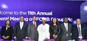 From left: Non-Executive Director, FCMB Group Plc, Mrs. Olapeju Sofowora; Executive Director/Chief Operating Officer, Mr. Gbolahan Joshua; Group Chief Executive, Mr. Ladi Balogun; Chairman, Mr. Oladipupo Jadesimi; Company Secretary/General Counsel, Mrs. Funmi Adedibu; Executive Director, Coverage & Investment Banking, Mr. Olufemi Badeji and Non-Executive Director, Professor Oluwatoyin Ashiru, all of FCMB Group Plc, during the 11th Annual General Meeting (AGM) of the Group held on May 24, 2024, in Lagos.