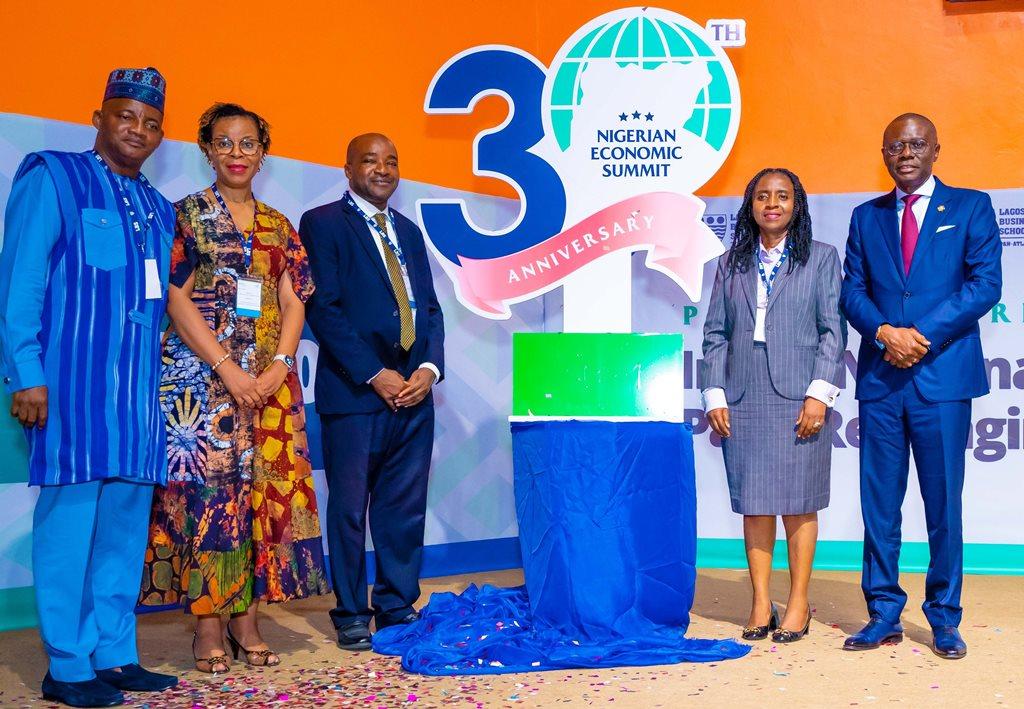 from right: Governor of Lagos State, Mr. Babajide Sanwo-Olu; Managing Partner, Compliance Professionals PLC, Mrs. Ifueko Omoigui-Okauru; Chairman, Nigerian Economic Summit Group (NESG), Mr. Olaniyi Yusuf; Vice-Chancellor, Pan-Atlantic University, Prof. Enase Felicia Okonedo and representing Minister of Budget and Economic Planning, Dr. Olalekan Fadolapo during the NESG 30th anniversary Public Lecture and Founders’ Forum themed “In the National Interest: Reflecting on the Past, Reimagining the Future”, at the Lagos Business School, Lekki-Epe Expressway, Ajah, on Thursday, 02 May, 2024.