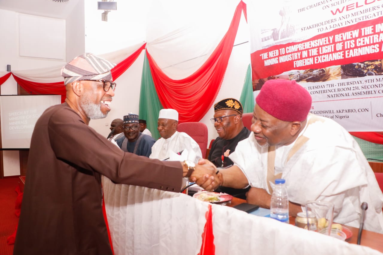 L-R: Minister of Solid Minerals Development, Dr. Dele Alake, member, Senate committee on Solid Minerals Development, Senator, Amos Yohanna, Sen. Mustapha Khabeeb, Chairman, Senate committee on Solid Minerals Development, Sen. Ekong Sampson and Senator, Onawu Ogoshi during an Investigative hearing on "The need to comprehensively review the input and output values of the Nigeria Mining Industry in the light of its central role to economic diversification, foreign exchange earnings and social inclusion" at the National Assembly complex in Abuja, on May 7, 2024. Senate committee on Solid Minerals Development