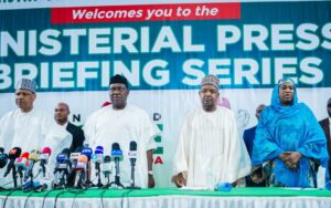 L-R: Minister of Information and National Orientation, Mr Mohammed Idris; Secretary to the Government of the Federation, Senator George Akume; Minister of Budget and Economic Planning, Senator Abubakar Bagudu; and Minister of State, Federal Capital Territory, Dr Mariya Mahmud, during the Inter-Ministerial Briefing on the President Bola Tinubu administration’s first anniversary in Abuja on Wednesday 23/05/24 Photo: FMBEP