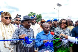 Rivers State Governor, Sir Siminalayi Fubara (left); Abia State Governor, Dr Alex Otti (middle); and Rivers State Deputy Governor, Prof Ngozi Odu (right); during the commissioning of the Aleto-Ogale-Ebubu-Eteo Road in Eleme Local Government Area