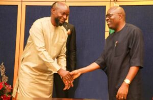 Rivers State Governor, Sir Siminalayi Fubara (right); in a handshake with new Super Eagles Head Coach, Finidi George (left); during a visit to Government House, recently.