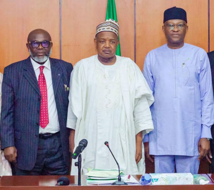 Executive Chairman, Fiscal Responsibility Commission, Mr Victor Muruako; Minister of Budget and Economic Planning, Senator Abubakar Bagudu; and the ministry's Permanent Secretary, Mr Nebolisa Anako, during the Commission's visit to the ministry in Abuja on Tuesday