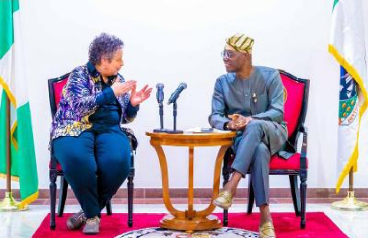 Mission Director, U.S. Agency for International Development (USAID), Melissa Jones with Governor of Lagos State, Mr. Babajide Sanwo-Olu during a courtesy visit at the Lagos House, Marina, on Tuesday, 28 May 2024.