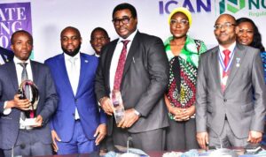 L-R: Head, External Report, Finance, Dangote Cement Plc, Paul Masvongo; Chief Executive Officer, NGX Regulation Limited, Olufemi Shobanjo; Chief Financial Officer, Dangote Sugar Refinery Plc, Dr. Isiaka Bello; Deputy Company Secretary/General Counsel, Dangote Cement Plc, Edward Imoedemhe; Head, Sustainability, Dangote Cement Plc, Dr. Igazeuma Okoroba; President, Institute of Chartered Accountants of Nigeria (ICAN), Dr. Innocent Okwuosa; Company Secretary/Legal Adviser, Dangote Sugar Refinery Plc, Temitope Hassan, at the Maiden Edition of 2024 ICAN NGX Corporate Reporting Award, where Dangote Cement won the Platinum and Corporate Governance Award, in Lagos, on Friday, May 17, 2024.