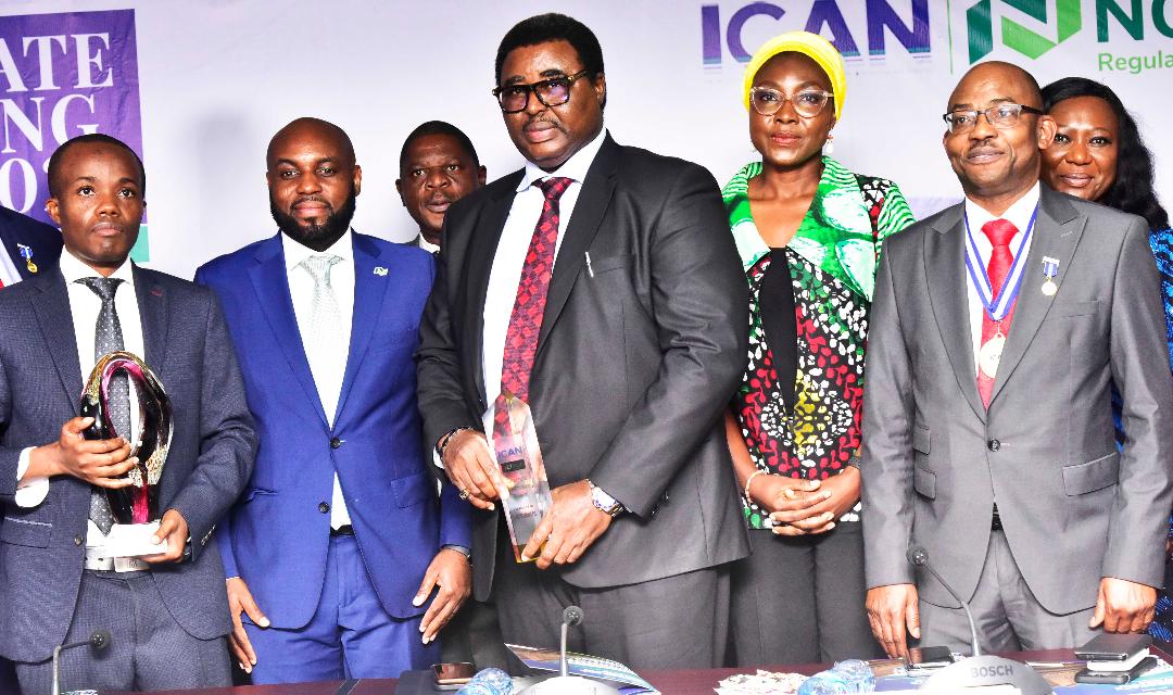 L-R: Head, External Report, Finance, Dangote Cement Plc, Paul Masvongo; Chief Executive Officer, NGX Regulation Limited, Olufemi Shobanjo; Chief Financial Officer, Dangote Sugar Refinery Plc, Dr. Isiaka Bello; Deputy Company Secretary/General Counsel, Dangote Cement Plc, Edward Imoedemhe; Head, Sustainability, Dangote Cement Plc, Dr. Igazeuma Okoroba; President, Institute of Chartered Accountants of Nigeria (ICAN), Dr. Innocent Okwuosa; Company Secretary/Legal Adviser, Dangote Sugar Refinery Plc, Temitope Hassan, at the Maiden Edition of 2024 ICAN NGX Corporate Reporting Award, where Dangote Cement won the Platinum and Corporate Governance Award, in Lagos, on Friday, May 17, 2024.