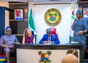 L-R: Commissioner for Economic Planning and Budget, Mr. Mosopefolu George; Deputy Consul General, Dutch Consulate, Leonie Van der Stijl; Lagos State Governor, Mr. Babajide Sanwo-Olu and Commissioner for Environment, Mr. Tokunbo Wahab, during the Memorandum Signing Ceremony held at Lagos House, Ikeja, on Monday, 27th, 2024.