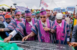 From left, Dele Alake, Gov Oyebanji, VP Shettima and Senator Bamidele in Ado Ekiti