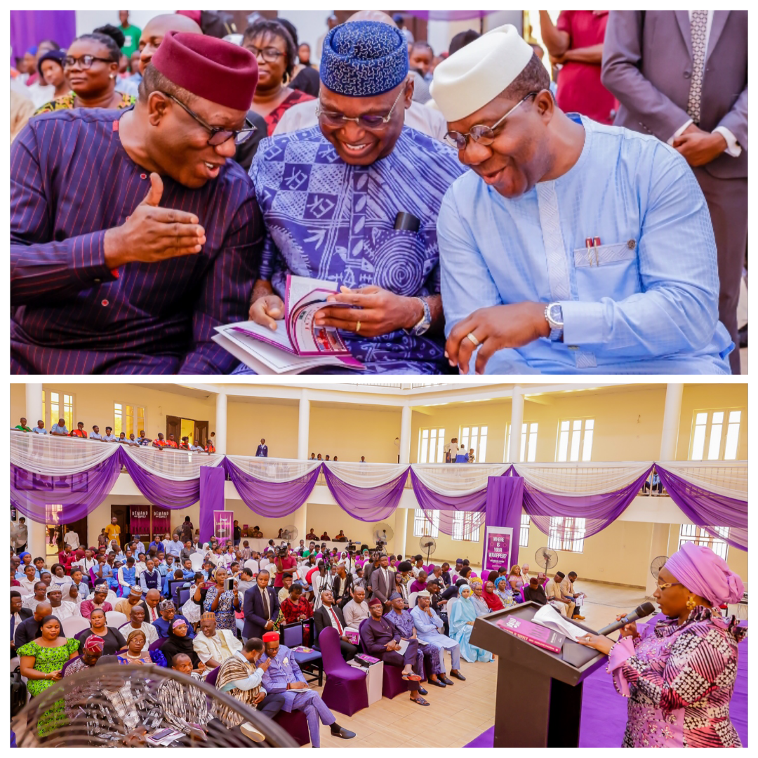 First photo, former Governor Kayode Fayemi, Governor Biodun Oyebanji, Senator Opeyemi Bamidele and below, Erelu Bisi Fayemi