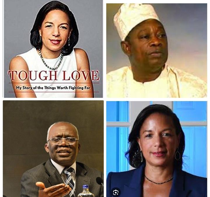 Clockwise from top left, Susan Rcice's book, MKO Abiola, Susan Rice and Femi Falana