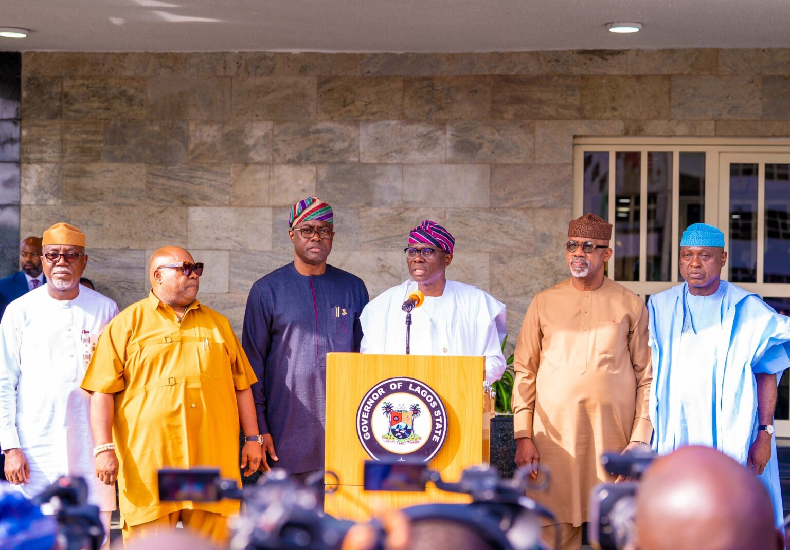 From left, Governors Lucky Ayedatiwa, Ademola Adeleke, Seyi Makinde, Babajide Sanwo-Olu, Dapo Abiodun and Biodun Oyebanji