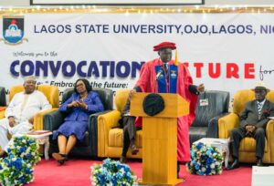 Convocation Lecturer, Mr. Babatunde Fashola, SAN, delivering his address during the Lagos State University (LASU) 27th Convocation lecture with the theme,"Embracing the Future: Navigating the Intersection of Technology and Humanity” on Tuesday, 4th June 2024.