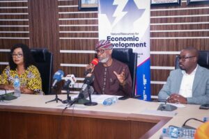 Minister of Solid Minerals Development, Dr. Dele Alake (middle), Director, Human Resource Management, Ministry of Solid Minerals Development, Mrs Ijeoma Idika (left) and CEO/Managing Partner, Core International, Mr. Suleiman Zakari during a press briefing for the 3rd Editon of the Africa Natural Resources And Energy Investment Summit (AFNIS) 2024 in Abuja on July 11, 2024.