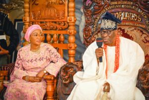 The Oba of Lagos, Oba Rilwan Akinolu, right, and the First Lady, Senator Oluremi Tinubu