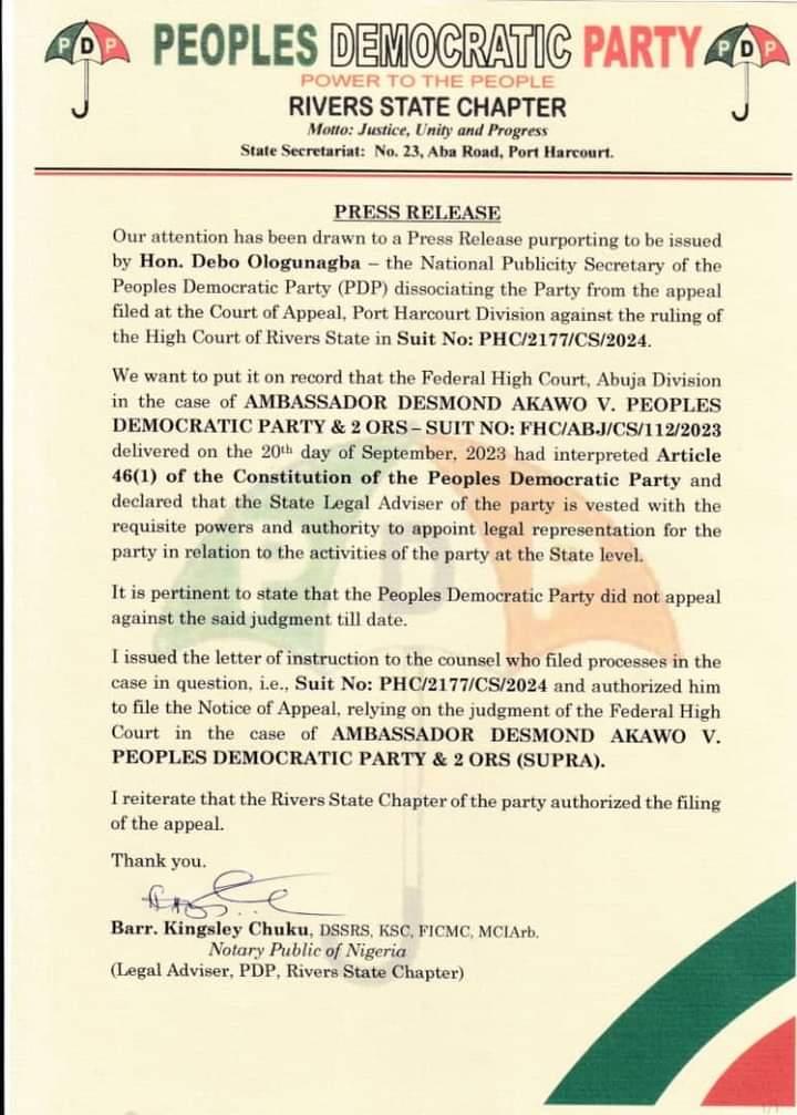 Here is the press statement issued by Kingsley Chuku, Legal Adviser, PDP, Rivers State Chapter disagreeing with the national leadership of the party.jpg