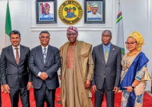 Consular Head of India, Lagos, Mr. Chandramouli Kern, High Commissioner of India to Nigeria, Mr. Shri G. Balasubramanian; Governor of Lagos State, Mr. Babajide Sanwo-Olu; Deputy Governor, Dr. Obafemi Hamzat and the Secretary to the State Government, Barr. Abimbola Salu-Hundeyin during a courtesy visit to the Governor at the Lagos House, Ikeja, on Monday, 15 July 2024.