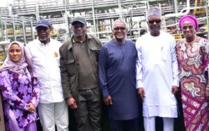 L-R: Group Executive Director, Commercial Operations, Dangote Industries Limited, Fatima Aliko-Dangote; House Leader, House of Representatives, Hon. Julius Ihonvbere; Speaker, House of Representatives, Rt. Hon. Abbas Tajudeen; Deputy Speaker, House of Representatives, Hon. Benjamin Kalu; President/CE, Dangote Industries Limited, Aliko Dangote; Deputy Chief Whip. Rt. Hon Otunba Adewunmi Oriyomi Onanuga during the Honourable Members of House of Representatives delegates visit to Dangote Petroleum Refinery, Petrochemicals and Fertiliser Plant in Lekki, on Saturday, July 20, 2024.
