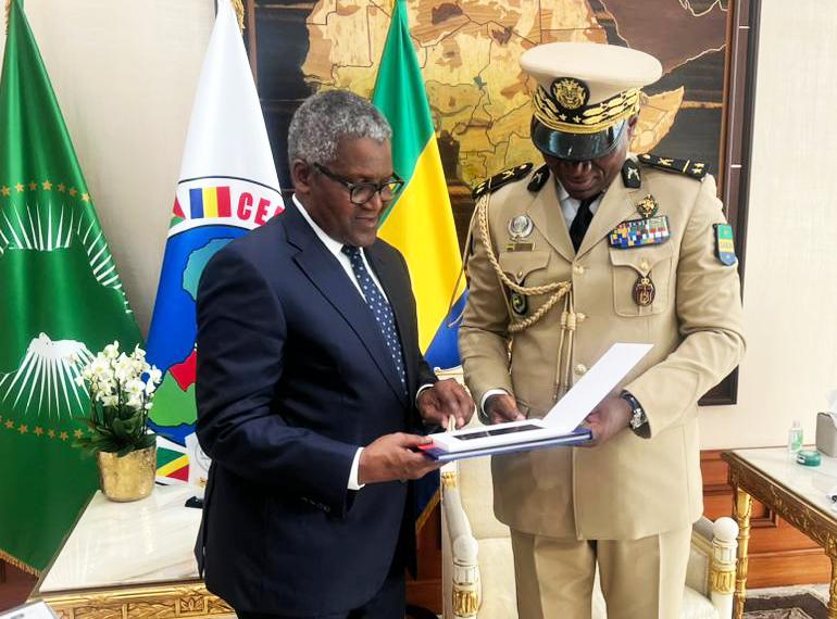 President/CE of Dangote Industries Limited, Aliko Dangote (left) in Gabon on the invitation of the President, Brice Oligui Nguema (right) to explore investment opportunities in Cement and Fertilizer (Urea and Phosphate).