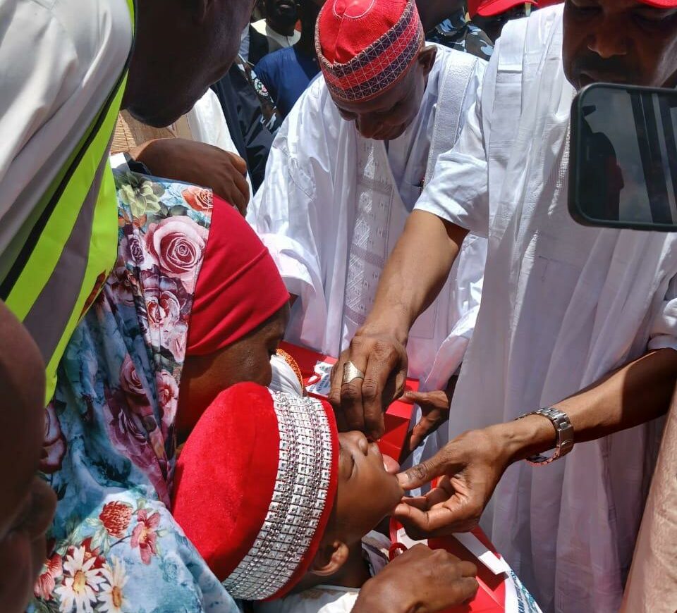 Administration of Vitamin A Capsules by his H.E Gov. Abba Kabir and the Hon. Commissioner Dr. Abubakar Labaran Yusuf on Friday at the 1st round of 2024 MNCHW Flag off