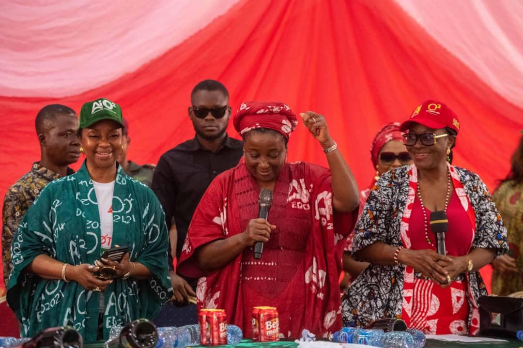 Mrs. Obaseki (center) Mrs. Asue Ighodalo (right) and one of the PDP women leaders.jpg