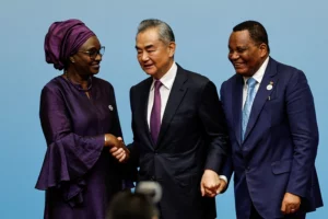 Senegal's Foreign Minister Yassine Fall, China's Foreign Minister Wang Yi, and DRC's Foreign Minister Jean-Claude Gakosso attend a press conference during the 2024 Summit of the FOCAC in Beijing, China on September 5, 2024. Tingshu Wang/REUTERS