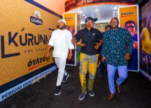 Governor of Lagos State, Mr. Babajide Sanwo-Olu (middle); his Special Advisers, Tourism, Arts and Culture, Mr. Idris Aregbe (left), and Media & Publicity, Mr. Gboyega Akosile (right) during the staging of ‘Kurunmi’ at Terra Kulture, Victoria Island, on Sunday, 29 September 2024