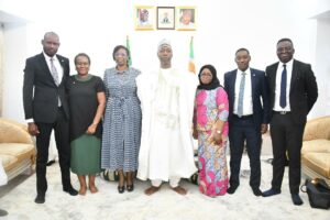 L-R: Bolaji Agbede, Acting Group Chief Executive Officer, Access Holdings Plc; Professor Babagana Zulum, Executive Governor, Borno, and Hadiza Ambursa, Executive Director, Commercial Banking Division, Access Bank Plc at the Borno State Government House, where Access Holdings donated of over ₦1 billion to cushion the effects of recent flooding in Maiduguri on Friday, September 27, 2024.