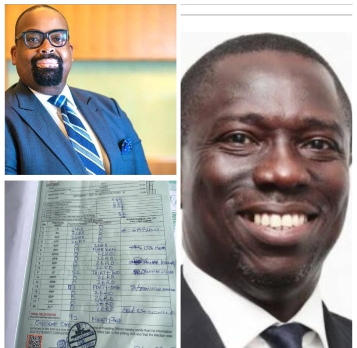Asue Ighodalo, right, Olumide Akpata, top left and the result sheet