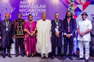 L-R: President, Blacks Ancestral Native Communities Foundation, Dr Chibuzor Onyema; Anti-corruption activist, Prof. Patrice Lumumba, his wife, Celestine; Minister of Budget and Economic Planning, Senator Abubakar Bagudu; Chairman of the Foundation, Ambassador Sani Bako; Head of Protocol, Mr Mac Alexander; and former Governor of Abia State, Dr Okezie Ikpeazu, at the Anti-irregular Migration Summit organised by the Blacks Ancestral Native Communities Foundation in Abuja on Thursday 19/09/24 PHOTO: FMBEP