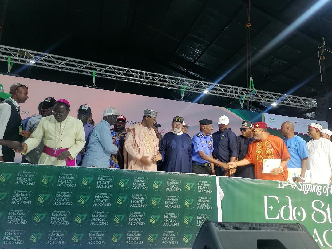 Bishop Kukah (2nd left) Gen Abdusalami Abubakar, IGP Kayode Egbetokun (middle) and others