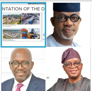 Clockwise from top left: Gateway Inland Dry Port, Governor Dapo Abiodun, Minister of Marine and Blue Economy, Gboyega Oyetola and Olugbenga Dairo, Commissioner for Transportation, Ogun State