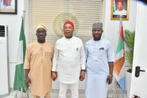 L-R: Edo State Governor-elect, Monday Okpebholo, Governor Hope Uzodimma of Imo State and Edo State Deputy Governor -elect, Denis Idahosa, when the duo paid a thank you visit to Governor Uzodimma at Government House Owerri... Wednesday