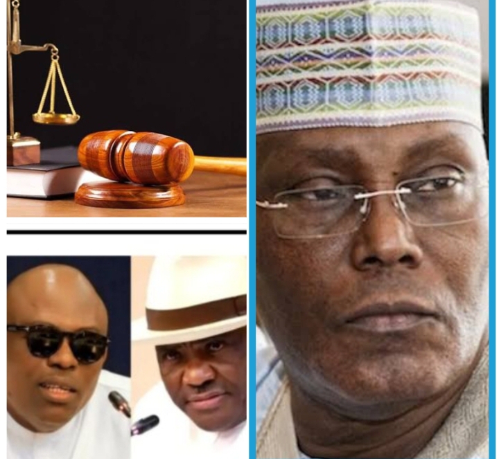 From top left: Symbol of Justice, Atiku Abubakar, Nyesome Wike, and Governor Siminalayi Fubara
