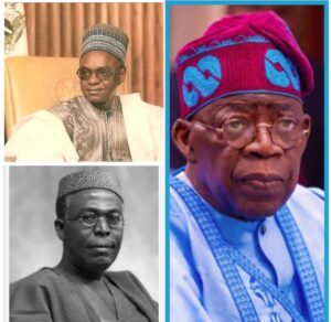 Former President Shehu Shagari, top left; President Bola Tinubu, right, and Chief Obafemi Awolowo