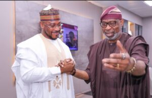 Minister of Solid Minerals Development, Dr. Dele Alake (Right) and Zamfara State Governor, Dauda Lawal, during a courtesy visit at the Ministry of Solid Minerals Development office in Abuja on October 11, 2024.