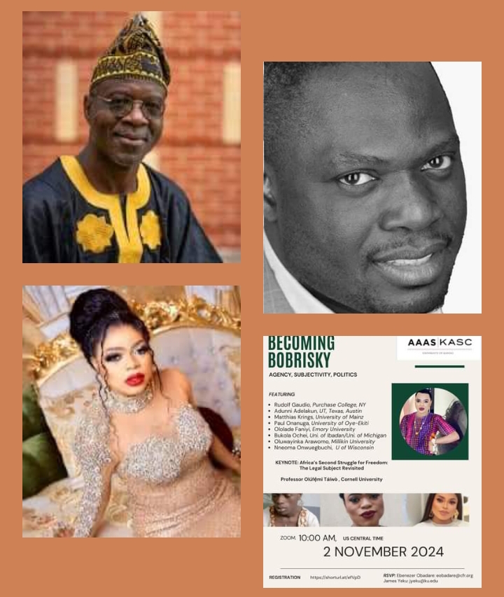 From top left, Professors Olufemi Taiwo , Ebenezer Obadare, the program , Bobrisky