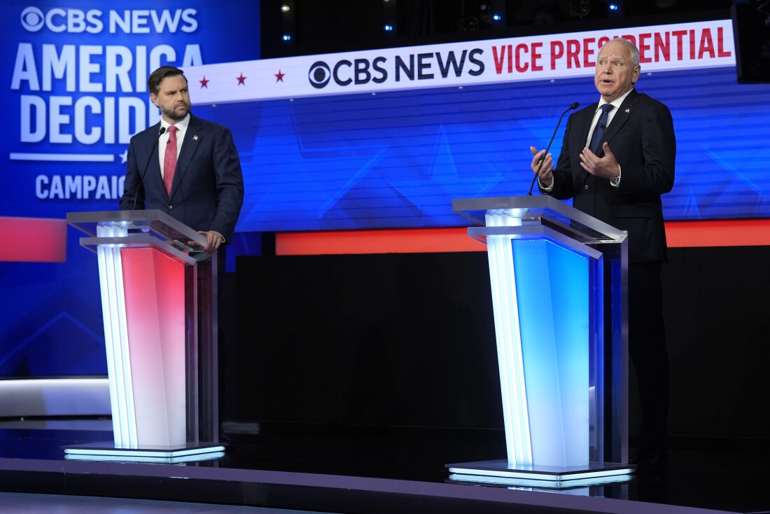 Republican vice presidential nominee Sen. JD Vance, R-Ohio, and Democratic vice presidential nominee Minnesota Gov. Tim Walz participate in vice presidential debate hosted by CBS News Tuesday, Oct. 1, 2024, in New York. (AP Photo/Matt Rourke)